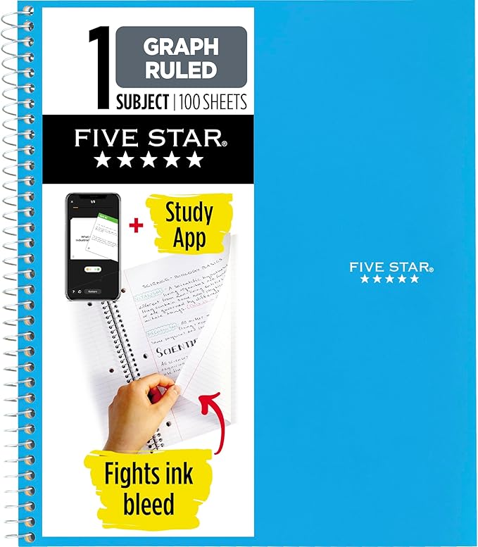 Five Star Spiral Notebook + Study App, 1 Subject, Graph Ruled Paper, 8-1/2" x 11", 100 Sheets, Fights Ink Bleed, Water Resistant Cover, Tidewater Blue (06190AA4)