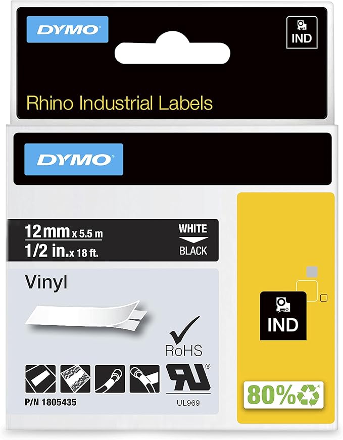 DYMO Rhino Industrial Vinyl Labels 1/2" White Print on Black Tape