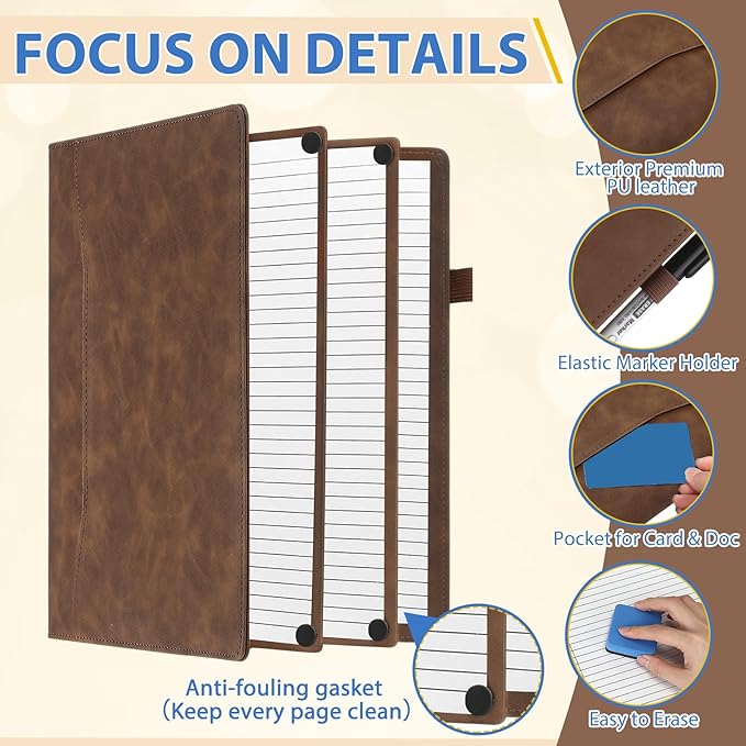 6 Sides Dry Erase Notebook Portable Whiteboards Notebook Small Reusable College Ruled Lined Board Folding Mini Travel Dry Erase White Board for Office Study (Brown,A4: 9 x 12 Inches)