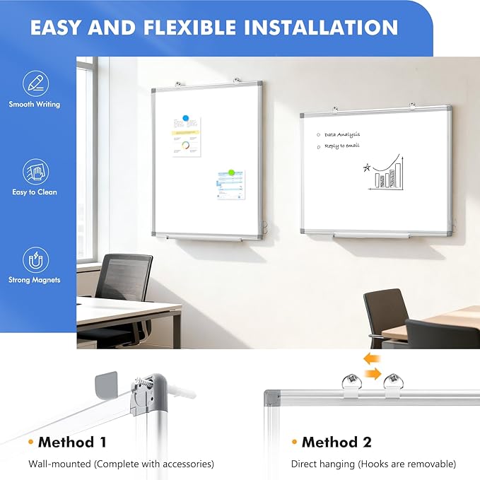 WALGLASS 3 Pack White Board, 36" x 24" Double-Sided Dry Erase White Board for Wall, Hanging Mounted Whiteboard, Horizontal or Vertical Silver Aluminium Frame for Home, School, Office, Kitchen