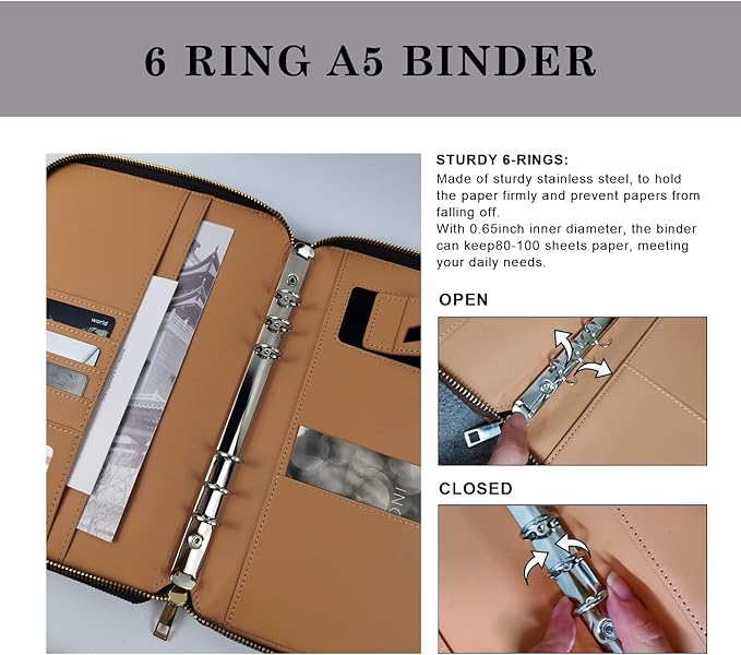 A5 Binder Case PU Leather Portfolio Budget Binder Refillable Notebook Planner Cover with Zipper 6 Rings Money Document Organizer for Business Interview (Brown)