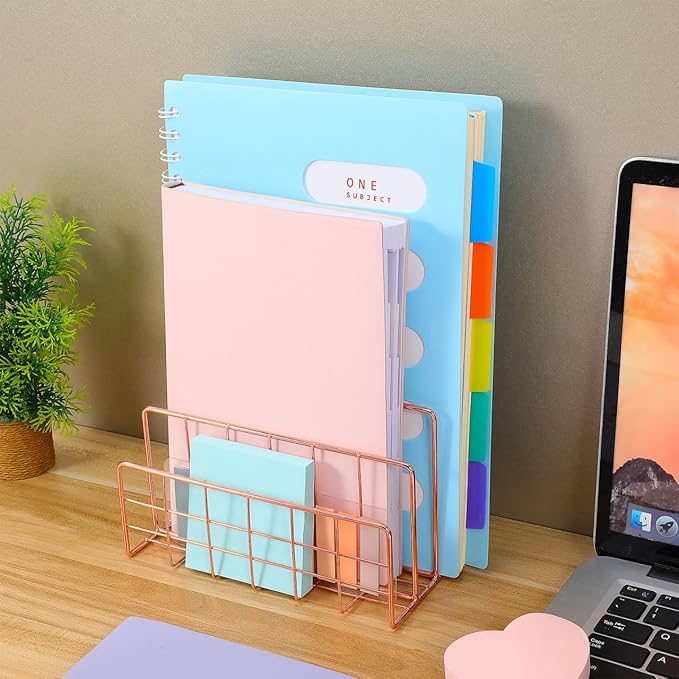 File Holder for Desk: No Wobbling 3 Slots Magazine Holder Office Desktop File Sorter Organizer for Folders Binders, Rose Gold