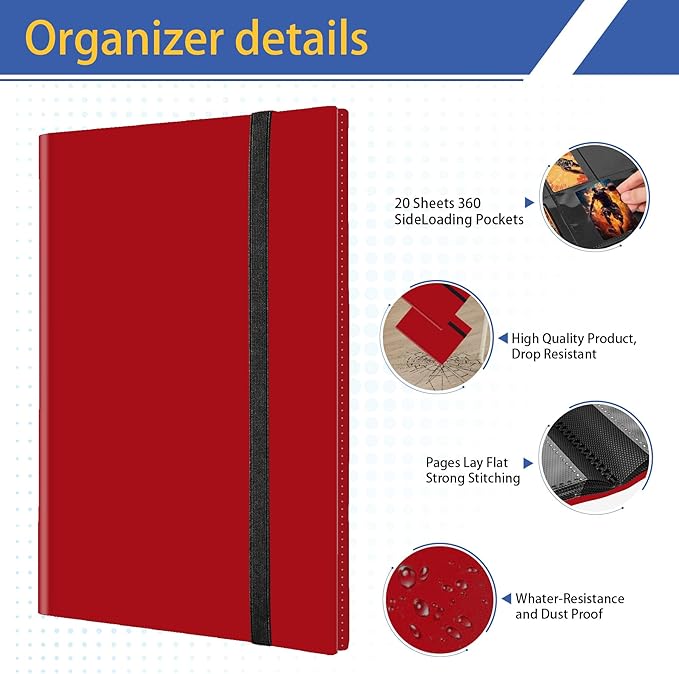 Premium 9-Pocket Trading Card Album, Sturdy Binder Holder for 360 Cards, Side-Loading Collection Folder for TCG, MTG & More, Red