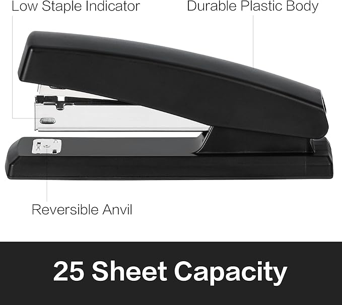 Deli Stapler, Desktop Stapler, 2 Pack, Office Staplers, 25 Sheet Capacity, Includes 2000 Staples and 2 Staple Removers, 2 Pack, Black