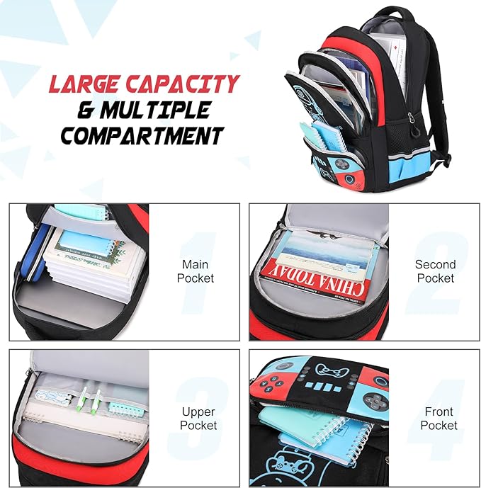 Bevalsa Backpack for School Boys, Cool Luminous Gamer Boys Backpack with Lunch Box & Pencil Pouch Set for Kids Children Teens Elementary Middle Schools, Schoolbag Bookbag Glow In The Dark (Red Blue)