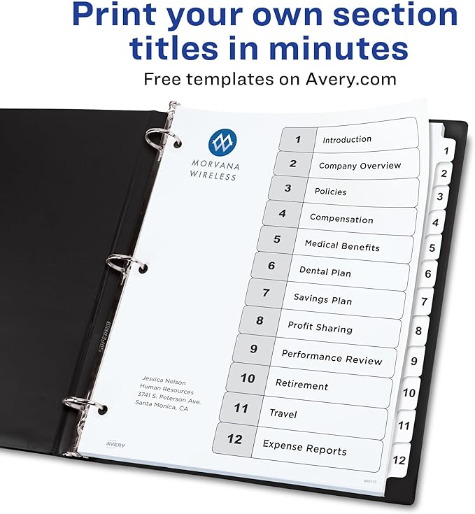 Avery Dividers for 3 Ring Binders, 12 Tabs per Set, Customizable Table of Contents, Classic White Tabs, Great for Organizing Reports, Projects, and More (11140)