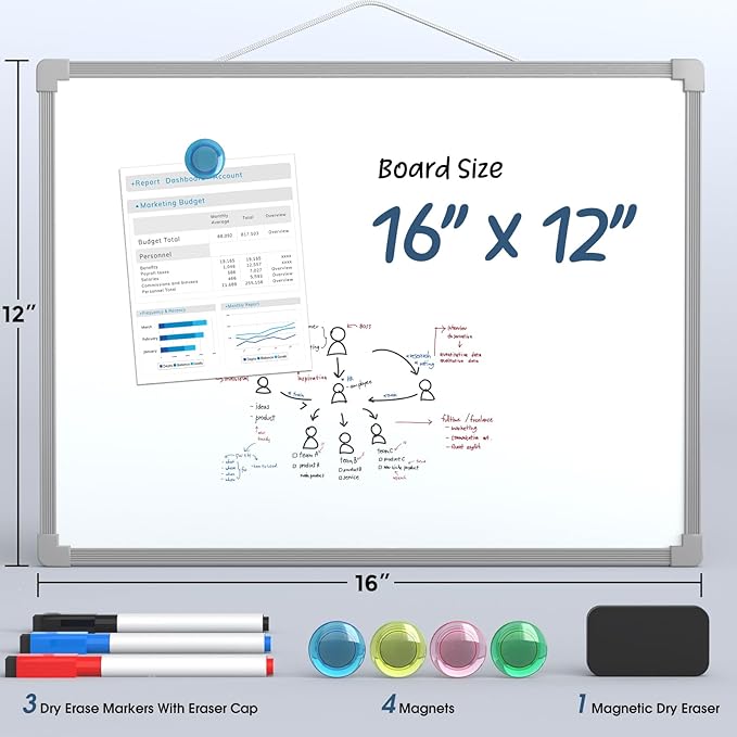MaxGear Double-Sided Dry Erase Board for Wall, 16"x12" Hanging Whiteboard, Small Dry Erase White Board, Portable Whiteboard for Planning, Drawing, Memo, to Do List, Grey Frame