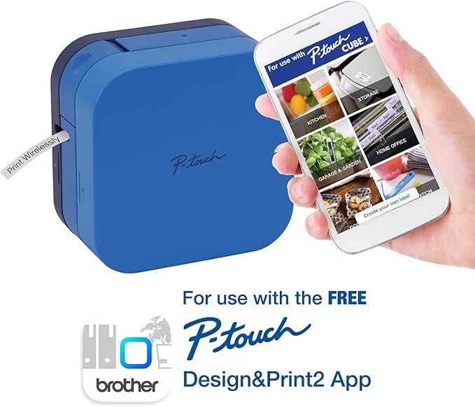 Brother P-Touch Cube Smartphone Label Maker, Bluetooth Wireless Technology, Multiple Templates Available, Apple & Android Compatible - Blue, 2.5 x 4.6 x 4.6 inches
