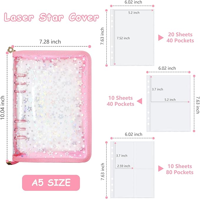 Sticker Storage Organizer Binder A5 Sticker Collecting Book Reusable Zipper Album with Clear Laser Star Cover and Pocket Pages (Pink)