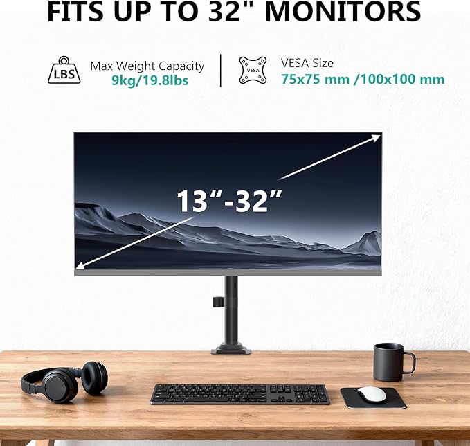 WALI Single Monitor Arm Mount for up to 32 inch Screens, Gas Spring Stand with Full Motion Tilt Swivel Rotation, Holds 19.8 lbs, VESA 75/100, C-Clamp & Grommet Mount (GSDM001S)