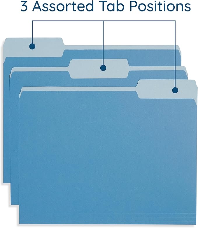 Blue Summit File Folders, Letter Size, 1/3 Tab, Two-Tone Bright Colors – 100 Pack