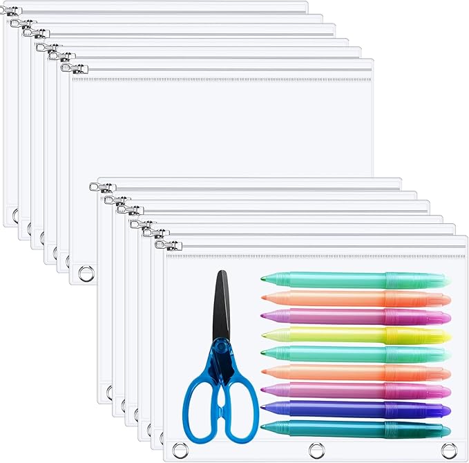 Lincia 12 Pack Clear Pencil Pouch for 3 Ring Binder Pencil Case with Zipper 3 Ring Binder Pocket Insert Bag 10 x 7'' Visible Cash Envelope with Re-enforced Grommet for Office (Clear)