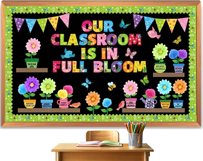 108pcs 3D Spring Bulletin Board Decorations Set Our Classroom is in Full Bloom Butterfly Flower Floral Cutouts Spring Bulletin Board for Motivational Classroom School Home