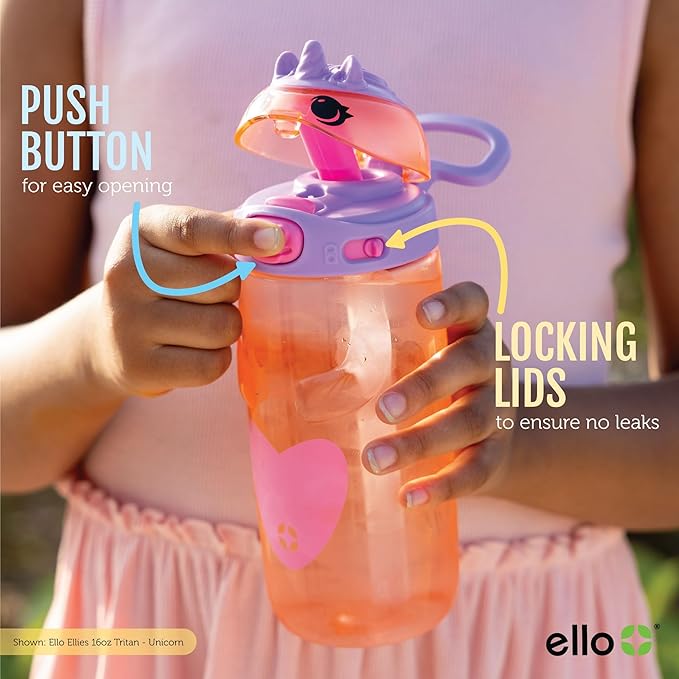Ello Ellies 16oz Plastic Kids Water Bottle with Straw and Built-in Carrying Handle and Leak-Proof Locking Lid for School backpack, Lunchbox and Outdoor Sports, Panda