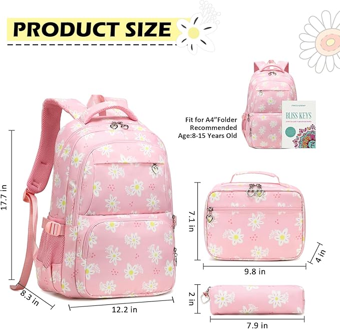Girls Backpack with Lunch Box for Elementary Middle School,17 inch Pink Lightweight Kids School Backpack with Lunch Bag Set for Teen Girls