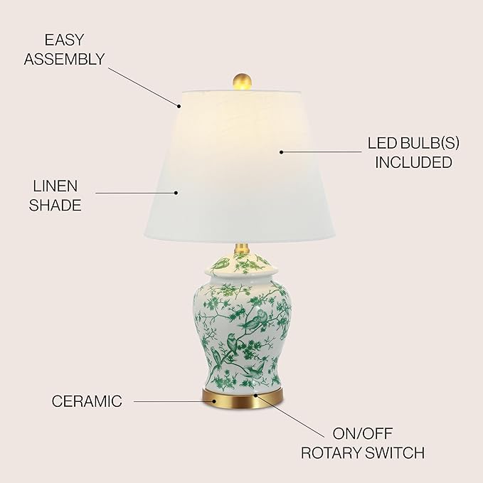 JONATHAN Y 22" White/Green Ceramic Table Lamp, French Country Chinoiserie Ginger Jar LED Bedside Lamp for Living Room Bedroom, White Linen Shade (JYL3005B)