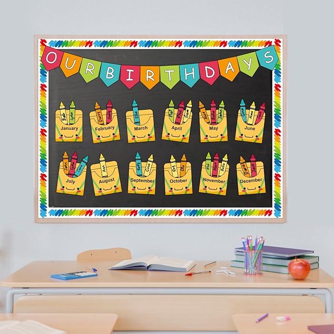 Birthday Bulletin Board Set for Classroom Decorations Pencil Box Cutouts Colorful Pencil Tags with Trim Borders for Back to School Birthday Chalkboard Door Wall Decors Supplies