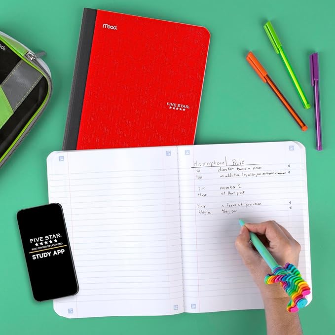 Five Star Composition Book + Study App, 4 Pack, Wide Ruled Paper, 7-1/2" x 9-3/4", 80 Sheets, Forest Green, Tidewater Blue, Fire Red and Harvest Yellow (950033B-ECM)