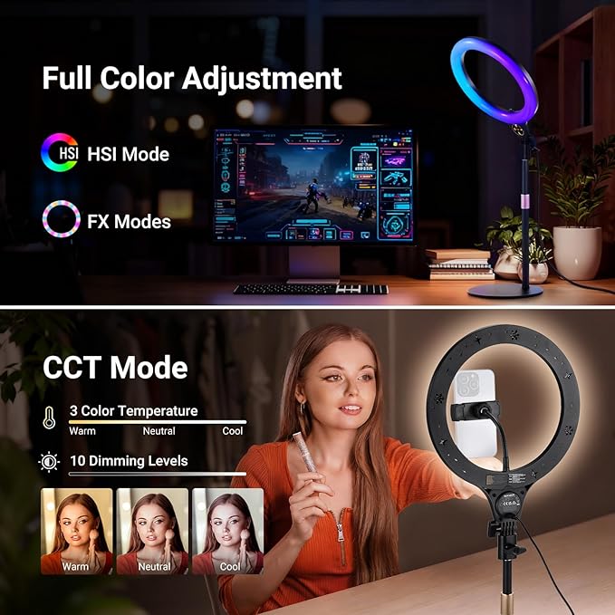 NEEWER ENTRY LEVEL VERSION N37 10.5" RGB Ring Light with Desktop Stand/Phone Holder Compatible with iPhone/Remote, 10W CRI85+ LED Lighting for TikTok YouTube Streaming Recording Laptop Zoom Video Call
