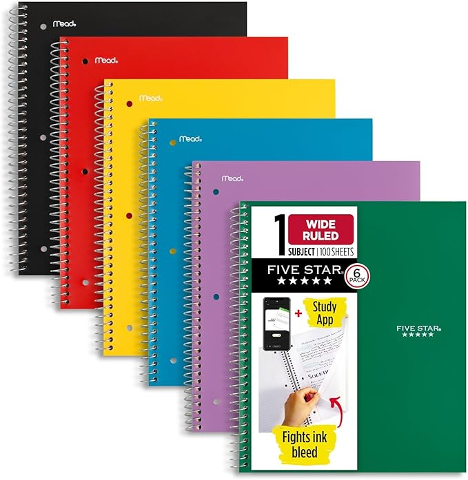 Five Star Spiral Notebook + Study App, 6 Pack, 1 Subject, Wide Ruled Paper, 8" x 10-1/2", 100 Sheets, Fights Ink Bleed, Water Resistant Cover, Assorted Colors (38042)