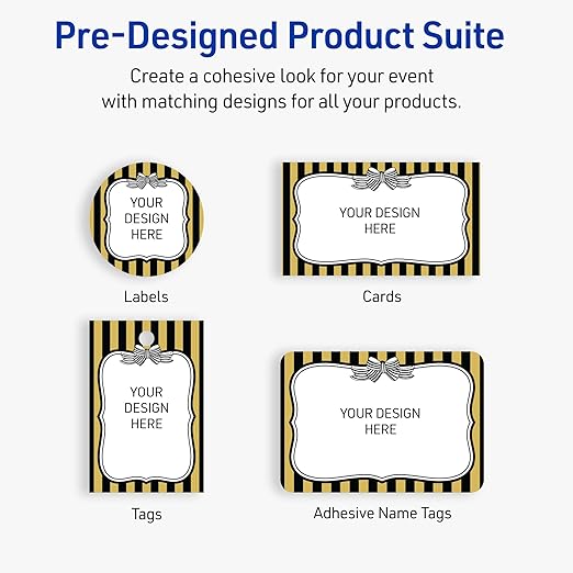 Avery Printable Adhesive Name Badges, 2-1/3" x 3-3/8", Pre-Printed Metallic Gold & Black Stripes w/Bow Design, Matte White, Laser & Inkjet Compatible, 80 Total