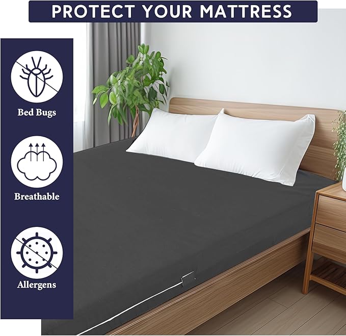 Zippered Mattress Fitted Protector Deep Mattress Encasement Soft Zipper Fitted Sheet Microfiber Bed Sheet Cover for Bed(Dark Gray,Queen,6-8in)