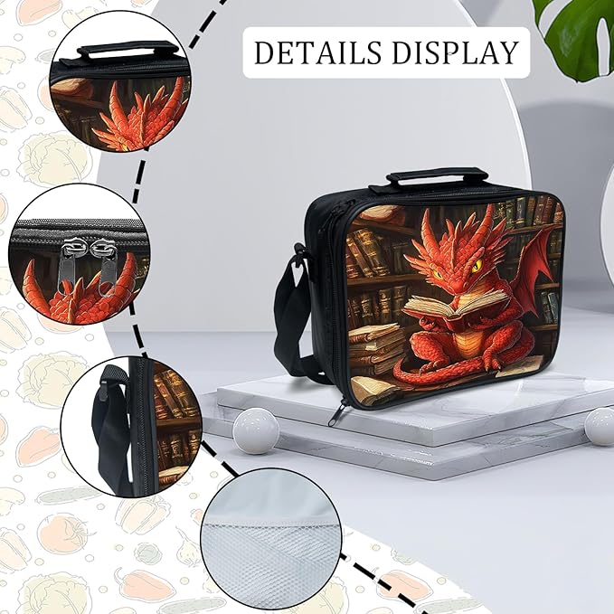 Dragon Backpack Set 3 Piece School Bags and Lunch Box with Pencil Case Funny Dragon Reading Bookbag Set for Toddler Kids Girls Boys Teens Kindergarten Elementary Middle