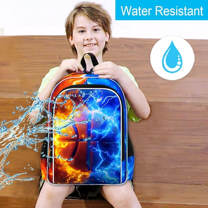 gxtvo 3PCS Boys Basketball School Backpack, 17" Kids Bookbag with Lunch Box, Water Resistant Middle Elementary School Bag - Fire & Lightning Basketball