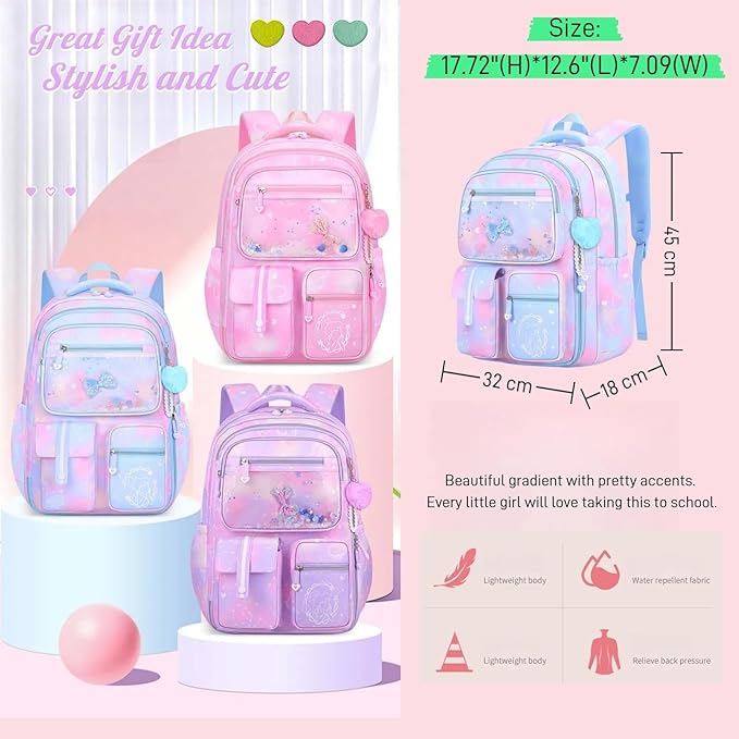 Backpack for Girls Cute Bow Kids Backpack for Elementary School Students Bookbag Middle School Bags for Girls Travel Back Pack, Dreamy Blue