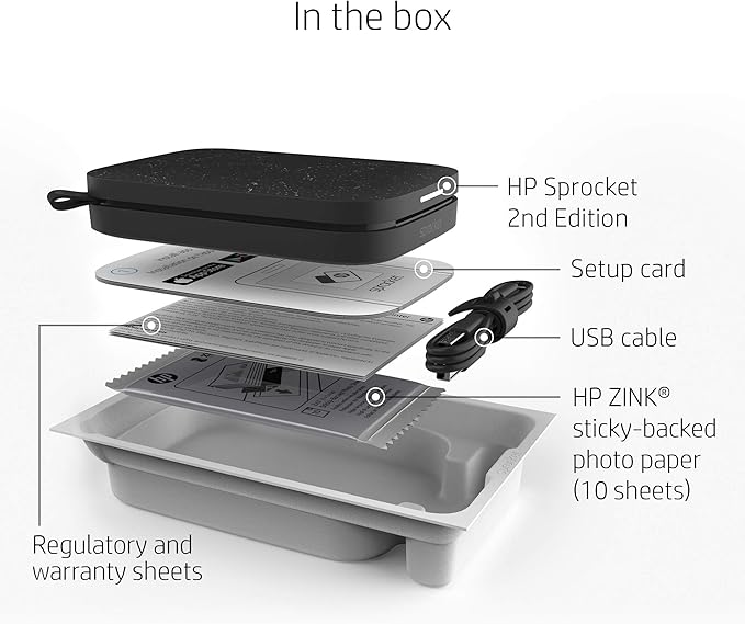 HP Sprocket 2x3 Instant Smartphone Photo Printer 75 Sheets Bundle - Bluetooth Portable Color Wireless Mobile Printer (Black) Zink Sticky-Back Photos