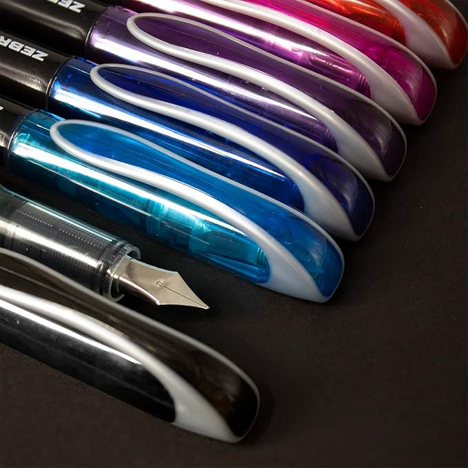 Zebra Fuente Pen - Disposable Fountain Pens - Pack of 7 - Black, Red, Pink, Violet, Blue, Light Blue & Green - In Zebra Cardboard Gift Box