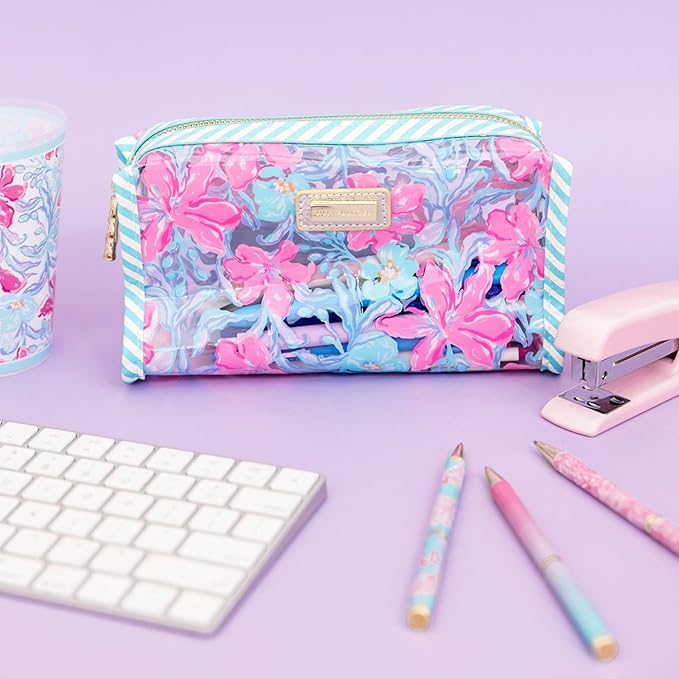 Lilly Pulitzer PVC Zipper Pouch, Cute Pencil Case for Adults, Travel Toiletry Bag, Small Pouch Bag for Supplies, Makeup or Toiletries (Beachside Haven)