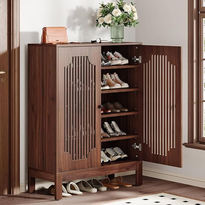 Tribesigns Shoe Cabinet with Doors, 5-Tier Shoe Storage Cabinet with Adjustable Shelves, 20 Pairs Wooden Shoe Rack Organizer, Tall Narrow Shoe Cabinet for Entryway, Hallway, Closet, Walnut, Set of 2