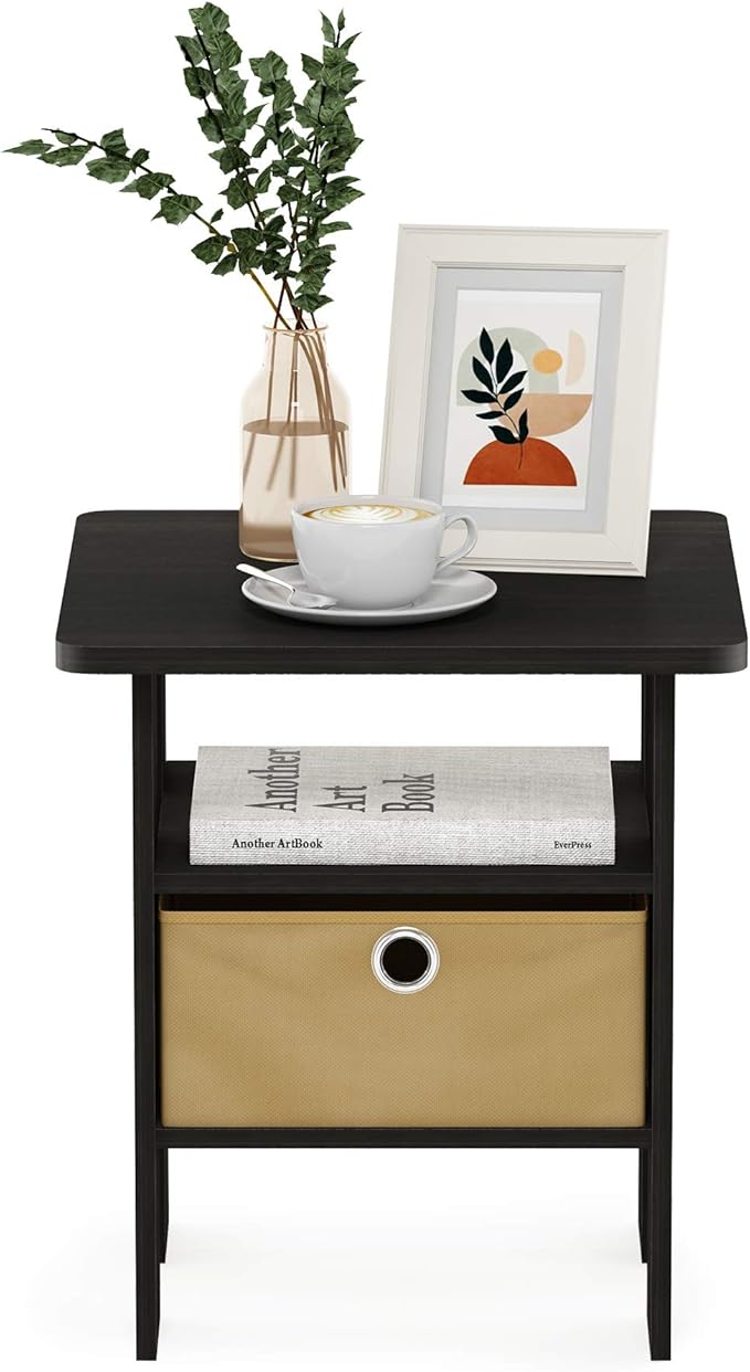 Furinno ANDREY Side Table, End Table, Night Stand with Open Shelves and Storage Bin, Bedside Table, for Living Room, Bedroom, Dark Espresso