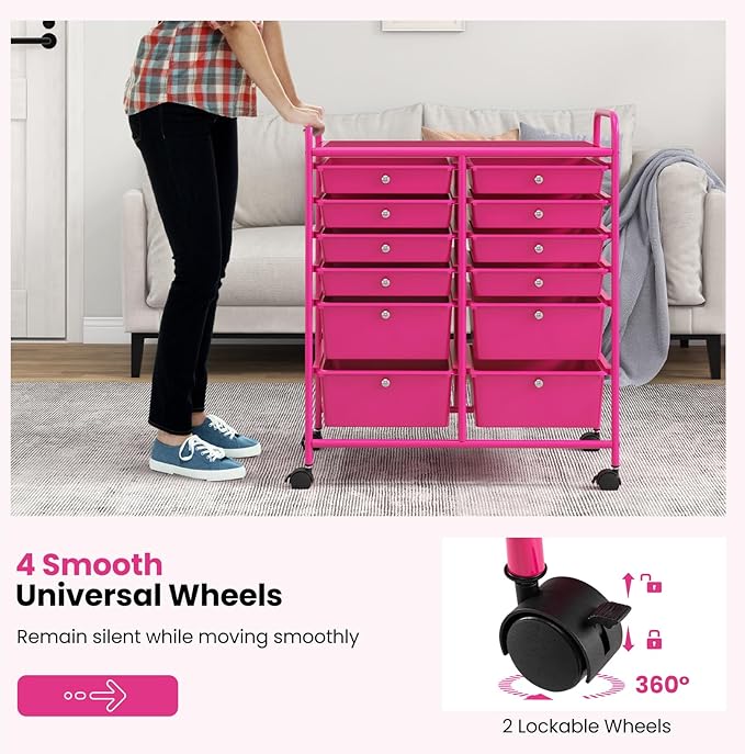 COSTWAY 12-Drawer Rolling Storage Cart, Moveable Art Craft Organizer W/Lockable Wheels, Metal Shelf, Files Arrangement Tools Makeup Storage Cart for Office, Home, School, Hot Pink