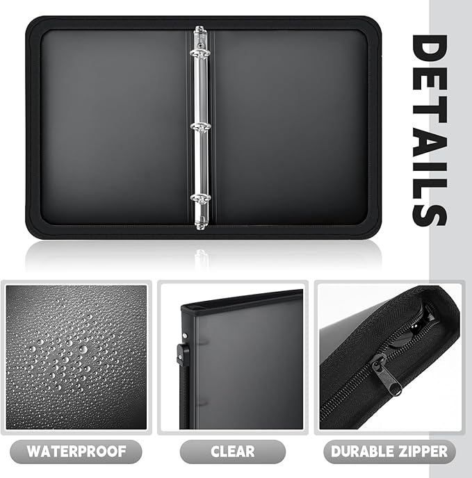 Teling 4 Pcs 2 Inch Black Zipper Binder with 3 Ring Zipper Binder, Refillable Plastic Clear File Organizer Planner for Projects, Assignments, Memos, School Work, 13.2 x 11 Inch