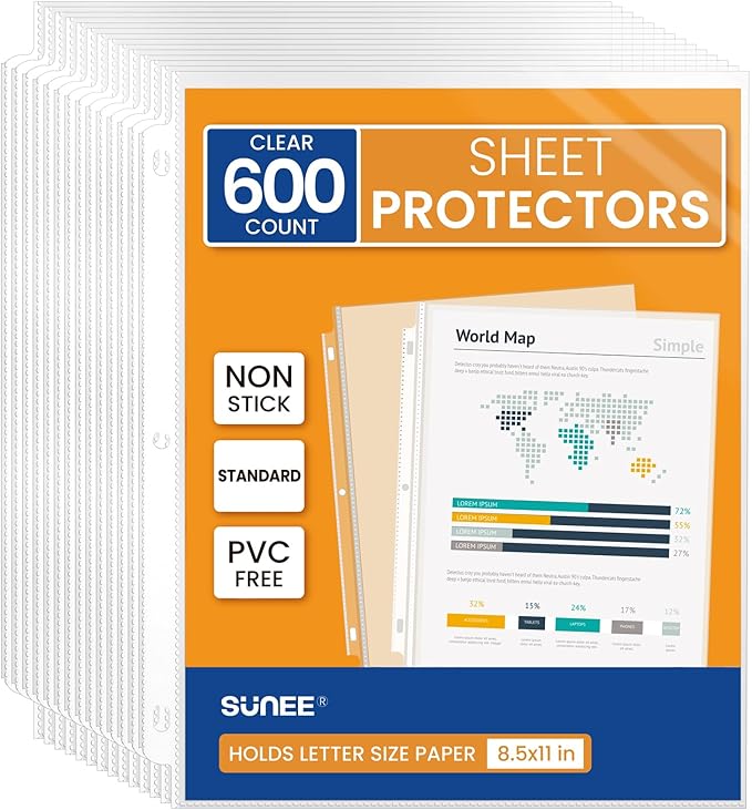 SUNEE Sheet Protectors 600 Packs for 3 Ring Binder, 8.5x11 Clear Plastic Page Sleeves for Paper, Documents, Certificate, Sheet Music, Recipe, File
