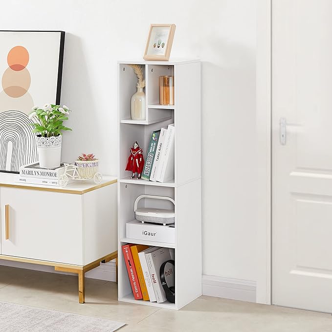 VECELO Small White Bookshelf, 5 Cube Slim Bookcase, Fits Tallest Hardcovers, Horizontal Available, Modern Floor Standing Unit, Each Shelf Hold Up to 66 LBS,White