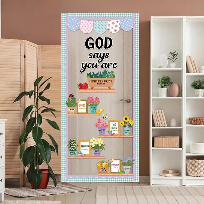 63 PCS Christian Bulletin Board Set God Says You are Religious Classroom Decoration Religious Plant Inspirational Paper Cutouts for Spring Church Sunday School Home Wall Window Supplies