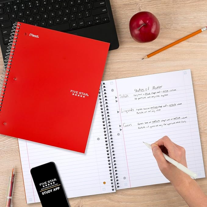 Five Star Spiral Notebook + Study App, 6 Pack, 1 Subject, Wide Ruled Paper, 8" x 10-1/2", 100 Sheets, Fights Ink Bleed, Water Resistant Cover, Assorted Colors (38042)