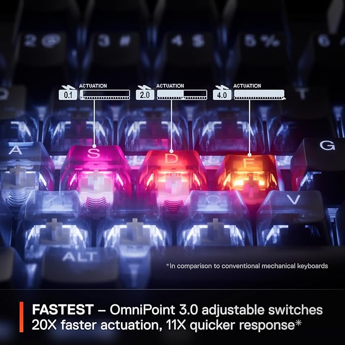 SteelSeries Apex Pro Gen 3 OmniPoint 3.0 HyperMagnetic Switches Adjustable Actuation Rapid Trigger Game-Ready Presets Protection Mode Rapid Tap/SOCD OLED RGB PBT Keycaps USB-C (Renewed)