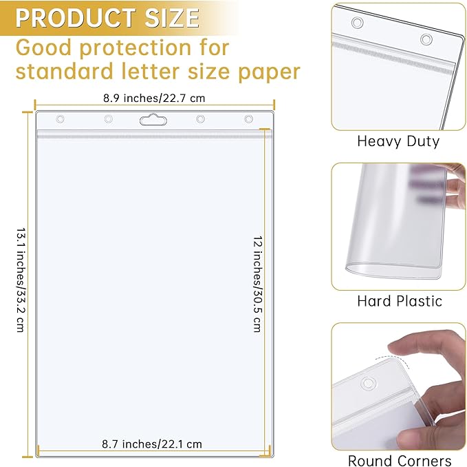 AKONEGE 12PCS Hard Sheet Protectors 8.5 x 11 Waterproof Resealable Zip Paper Page Protectors Clear Rigid Plastic Sleeves for Photos Certificate, Heavy Duty Document Holder Wall Sign Holder, Vertical