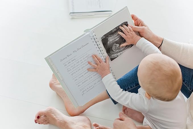 Pearhead My Pregnancy Journal, Keepsake Pregnancy Memory Book with Sonogram Photo Insert, Pregnant Trimester Milestone Tracker Notebook, Expecting Mom Gift, Sage Green Leaf