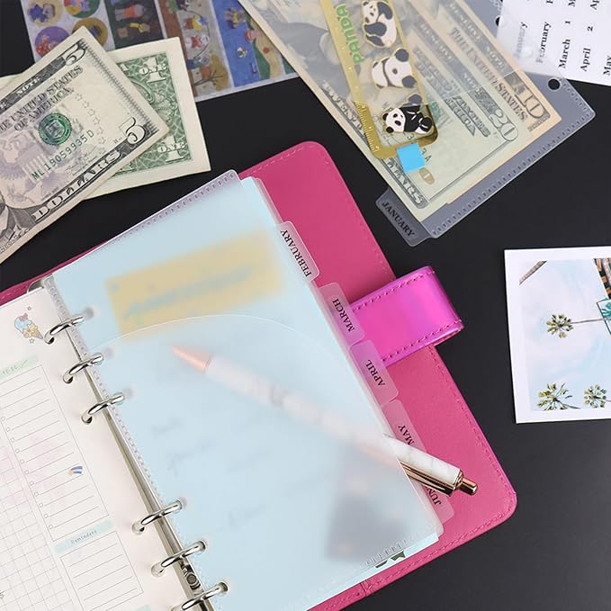 NatSumeBasics 12 A6 Cash Envelopes Frosted 0.3mm PP A6 Binder Pocket Dividers with Label Sticker for 6 Ring Budgeting Planner Inserts Supplies Accessories (12 Frosted)