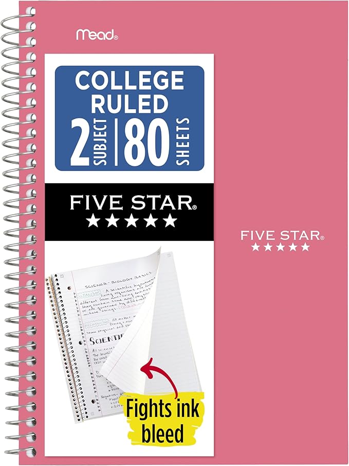 Five Star Spiral Notebook, 2 Subject, College Ruled Paper, 6" x 9-1/2", 80 Sheets, Fights Ink Bleed, Water Resistant Cover, Prom Pink (840029R)