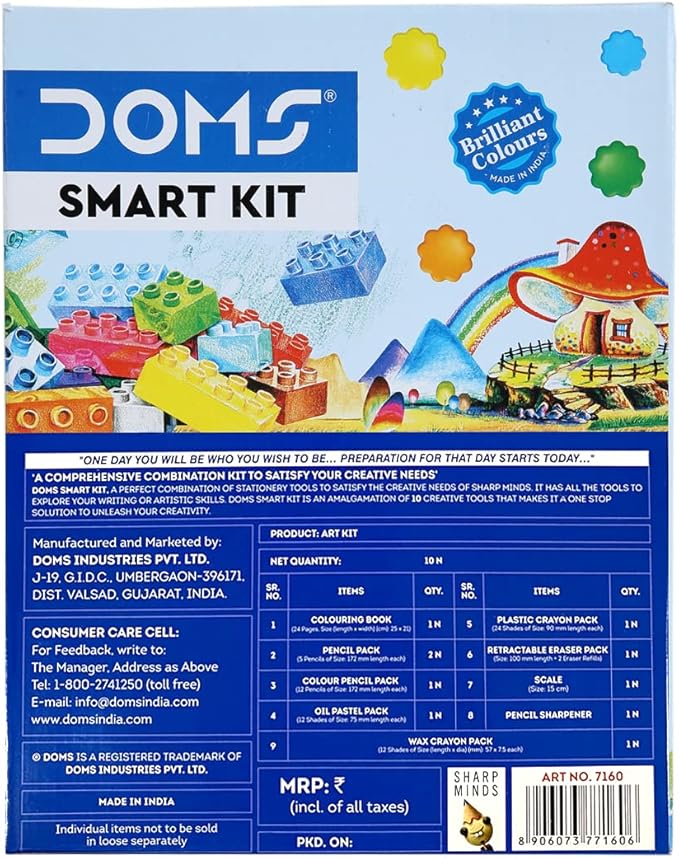 Doms Smart Kit - Drawing Book, Water Colour Pen Min, 25 Oil Pastel, 16 Wax Crayons, Groove Triangle Pencil Pack, 12 Aqua Water Colour Pencil