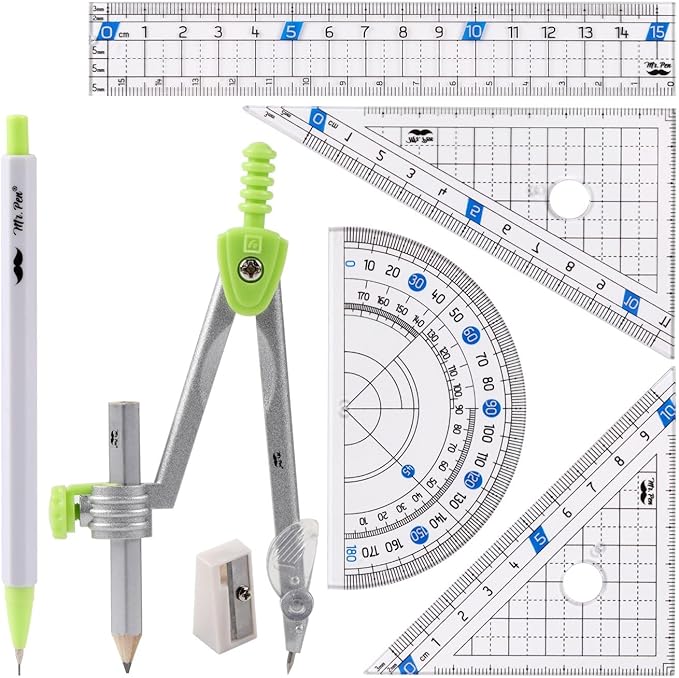 Mr. Pen- Geometry Set, 7 pcs, Compass for Geometry Compass Math, Geometry Kit with Storage Box, Math Compass, Geometry Set for School, Protractor and Compass Set, Drawing Tools, Ruler Set