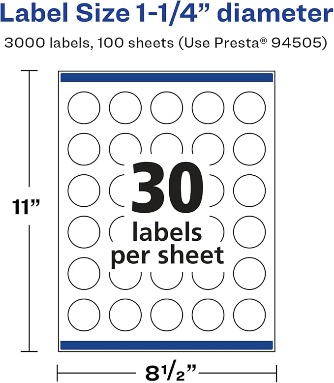 Avery Glossy White Round Labels, Sure Feed Technology, 1.25" Diameter, 3,000 Glossy White Labels, Print-to-The-Edge, Permanent Adhesive, Laser/Inkjet Printable