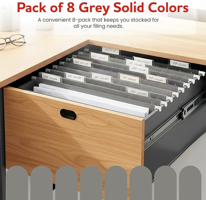 Grey Hanging File Folders – 8 Pack, Letter Size File Organization Folders for Home, Office, School & Filing Cabinets