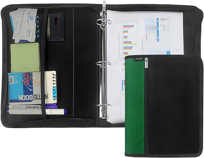 Zipper Binder 1.5 Inch Round 3-Ring Binder, Zippered Grip Pockets Storage Bag Business Office Supplies for Men Women Green (JC-AMZZB12365-Green)
